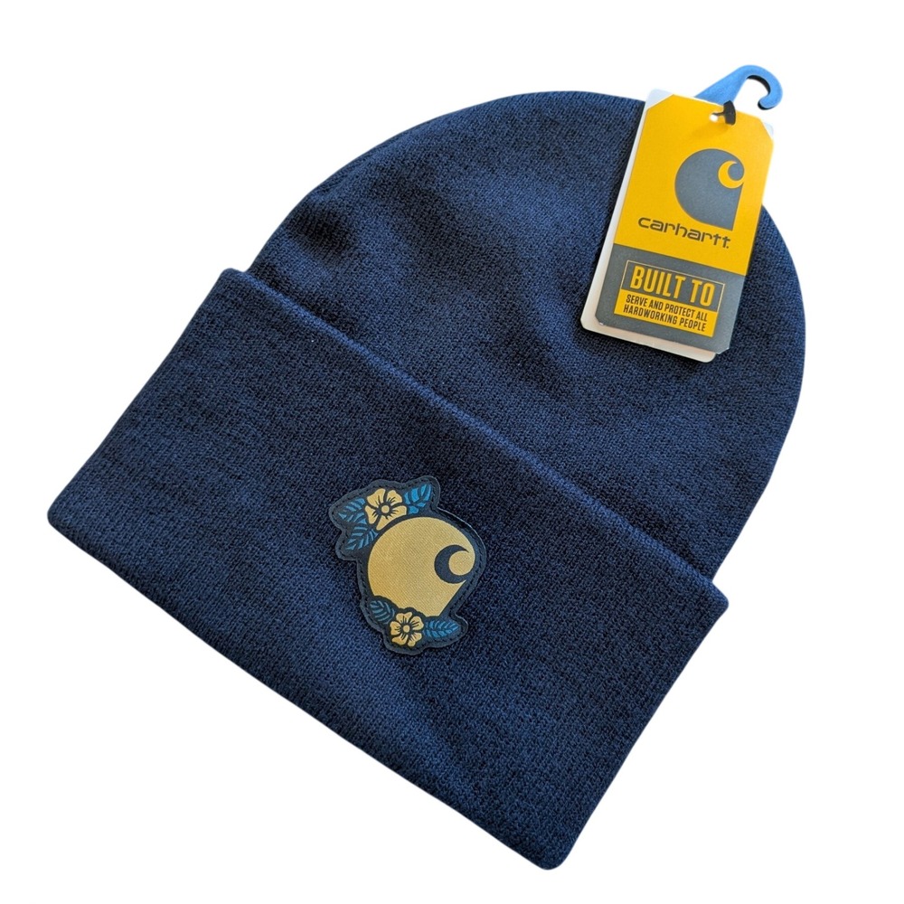 Carhartt Womens Knit Floral Patch Beanie Navy Blue Gold Cuffed Hat One Size NWT